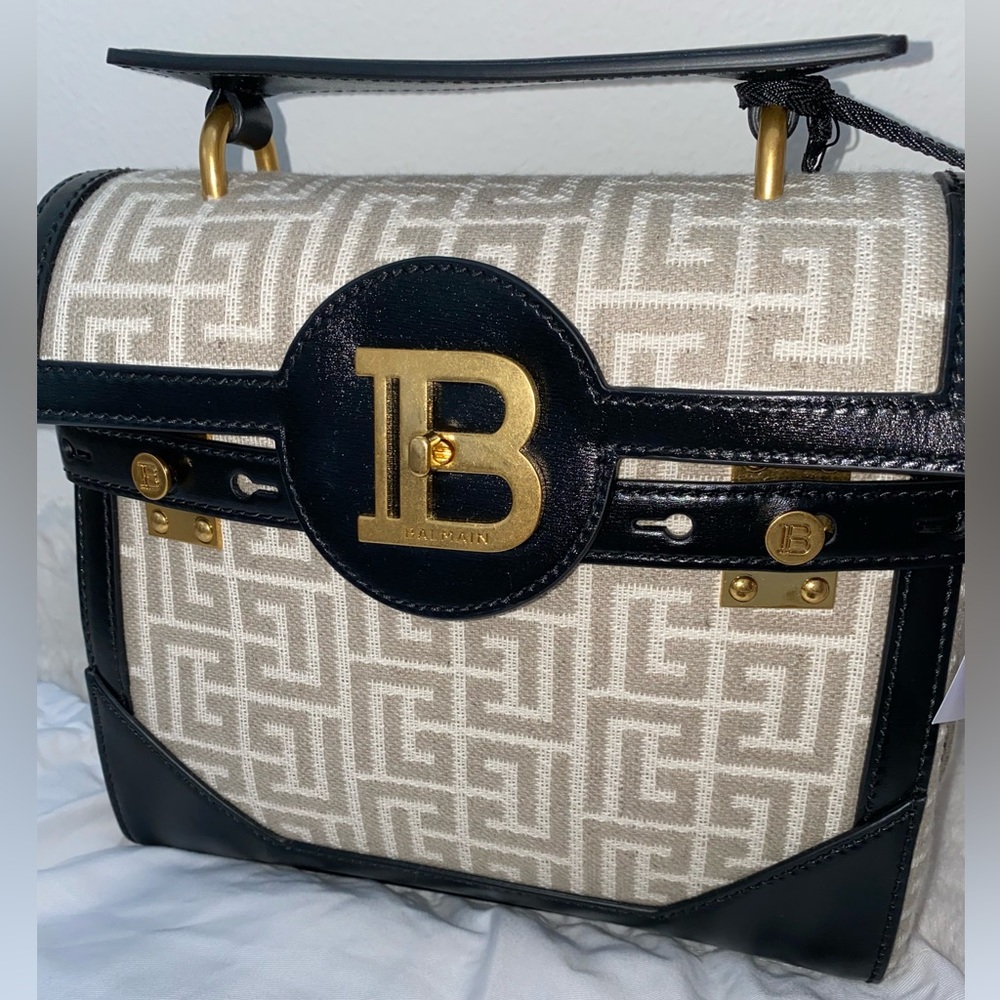 Balmain BBuzz 23 Monogram Linen Crossbody Bag Naturel NEW